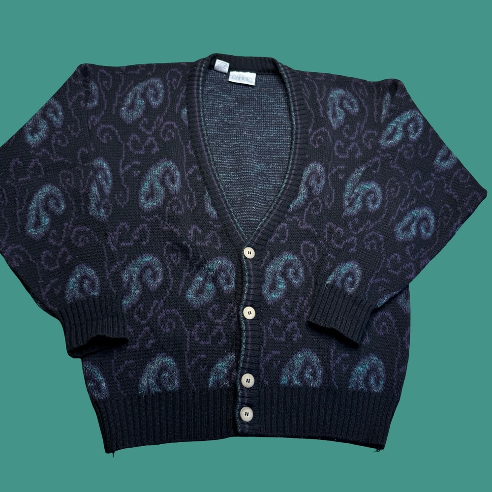 Vintage Cambio Italia Mens Cardigan M Black Purple Abstract Paisley Grandpa Knit